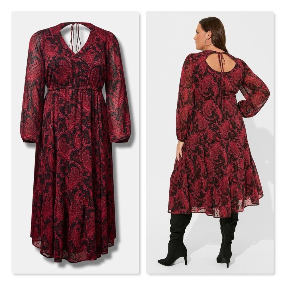 Women’s Red Paisley Midi Dress with Long Sleeves